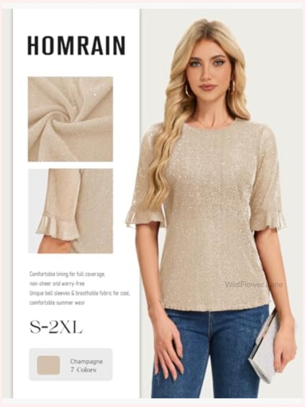 Women's Sparkly Sequin Bell Sleeve Blouse Tunic Tops - Picture 4 of 7